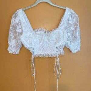 For Love And Lemons White Eyelit Lace-up Lace Crop Top Blouse L